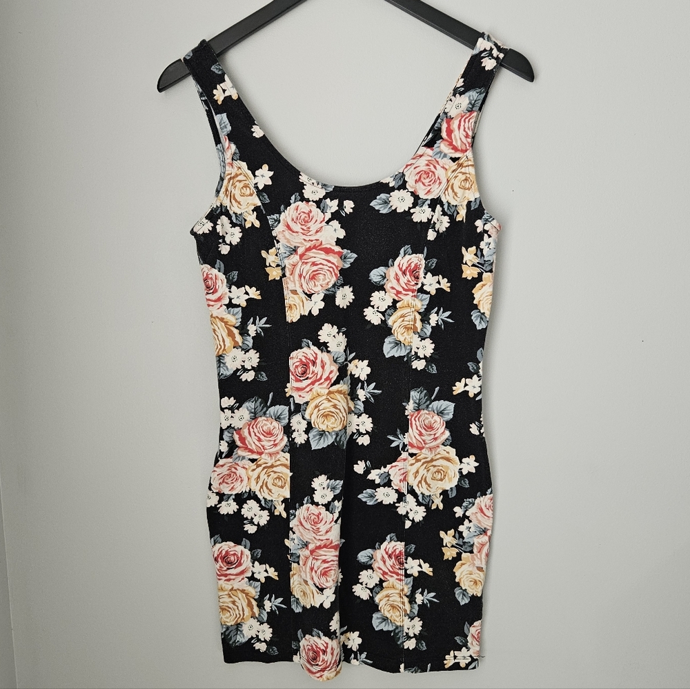 Forever 21 Black Floral Mini Dress with Pink and Cream Roses